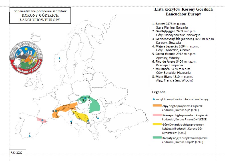 Korona Górskich Łańcuchów Europy - mapa